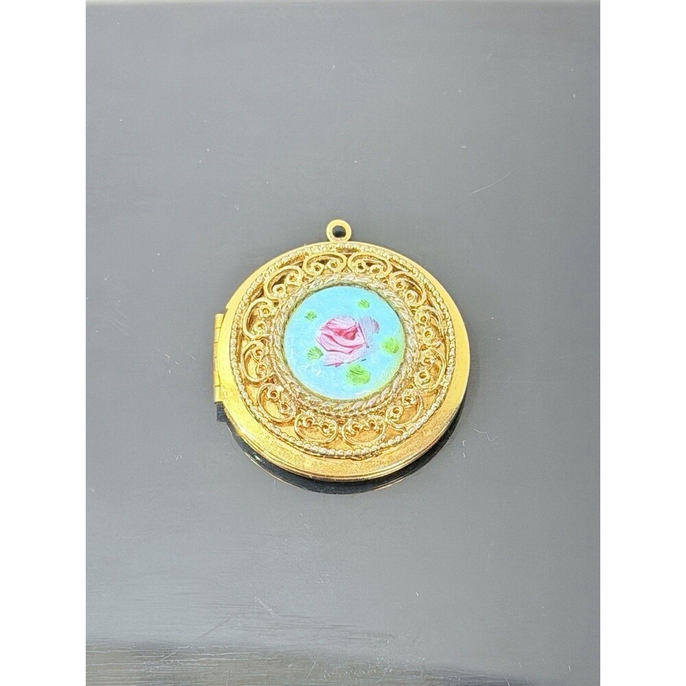 Vintage Large Guilloche Round Rose Enamel Locket